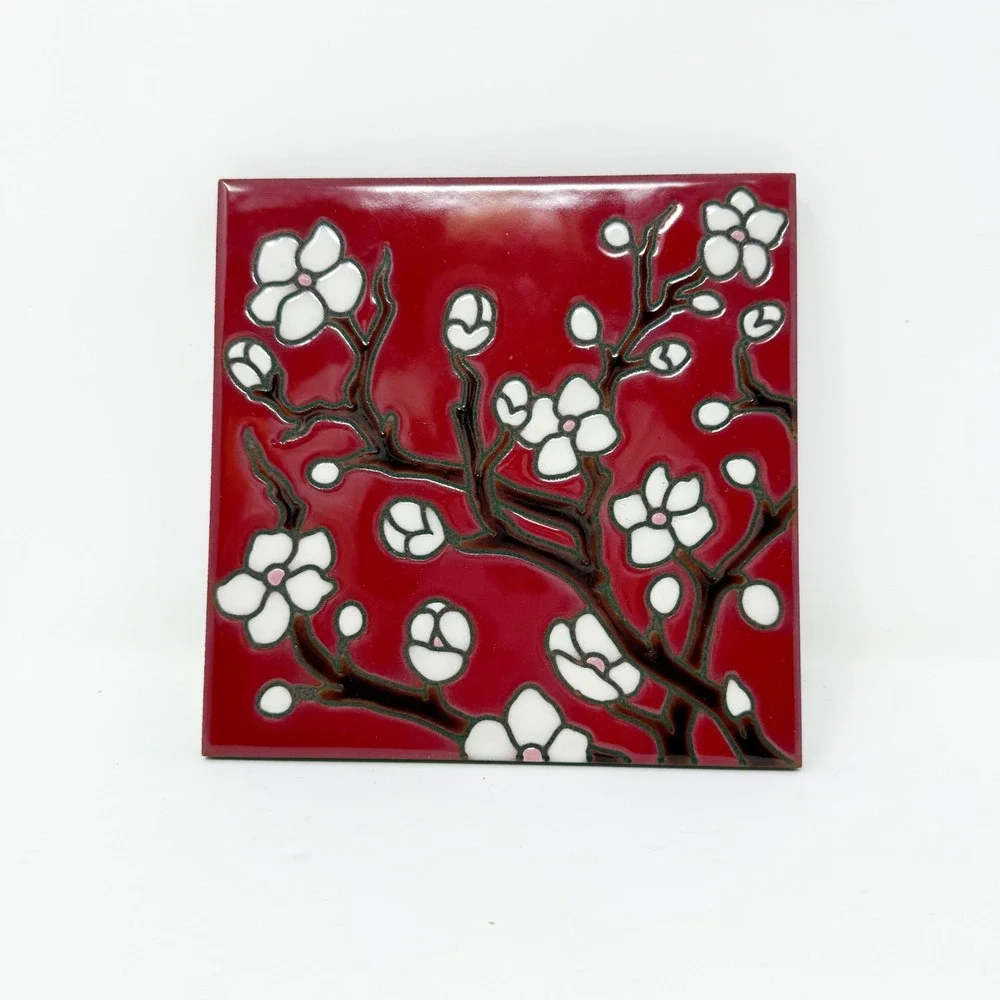 Carley Quinn Design Cherry Blossom Tile Art Trivet‎ Red